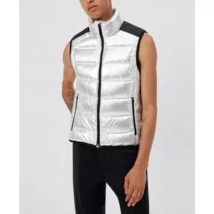 Men's <b>Silver</b> Sleeveless Puffer Vest Stand Collar Zipper Closure Windproof Polyester Winter Casual <b>Jacket</b> - Product Image 1