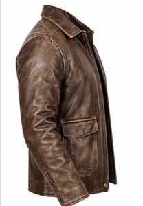 Veste en cuir véritable marron pour homme, fermeture éclair, col rabattu, style motard - Product Image 2