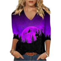 T-shirt graphique personnalisé à col en V et manches longues – Illustration botanique esthétique fantôme – Vêtement décontracté pour femme