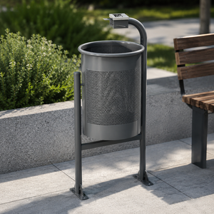 Contenedor de Basura Metálico Perforado Gris para Exteriores con Soporte, Cesto de Residuos Público para Parques y Calles con Cenicero Superior - Product Image 2