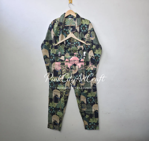Luxurious Green Mughal Flock Print Cotton Summer Pajama Set Women Elegant Long Sleeve Shirt Trouser Quick Dry Breathable <b>PJS</b> - Product Image 6