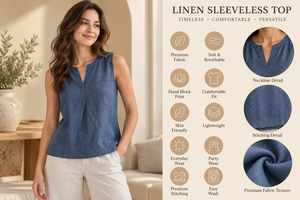 Camiseta sin Mangas Azul, Transpirable, de Lino/Algodón, Cuello en V Plisado, Corte Regular, Ropa Casual de Verano para Mujer, Ropa de Gimnasio Personalizada - Product Image 2