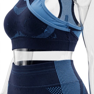 Women Yoga Set 2-Piece Racerback Scoop Neck Sports <b>Bra</b> High Waist Full Length Leggings Spandex/Polyester Solid <b>Blue</b> Breathable - Product Image 5