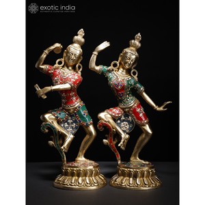 16-Inch Intricate Brass Sculptures of <b>Shiva</b>-Parvati Dancing Posture with Exquisite Inlay Work Made In India - Product Image 1