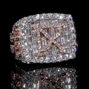 Unisex Iced Out Baguette & Round Cut Moissanite Diamond <b>925</b> Sterling <b>Silver</b> Hip Hop Style Cluster <b>Ring</b> <b>with</b> Custom Letter X <b>Ring</b> - Product Image 2