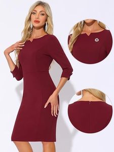 Vestido Tubo Borgoña de Alta Calidad para Mujer, Manga 3/4, Cuello con Muescas, Elegante, Largo hasta la Rodilla, para Oficina - Product Image 2