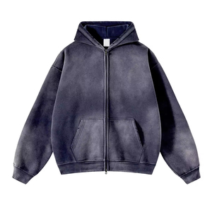 Sweat à capuche zippé intégral personnalisé haut de gamme pour homme, style streetwear, avec effet vieilli, délavé à l'acide, patchs, épaules tombantes et broderie, en tissu épais - Product Image 4