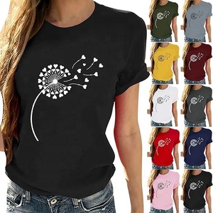 เสื้อยืดแขนสั้นคอกลมผ้าฝ้ายถัก 100% สำหรับผู้หญิง พิมพ์ลายดอกแดนดิไลออน สวมใส่สบายๆ ทุกวัน ระบายอากาศได้ดี เหมาะกับฤดูร้อน ทรงปกติ - Product Image 1