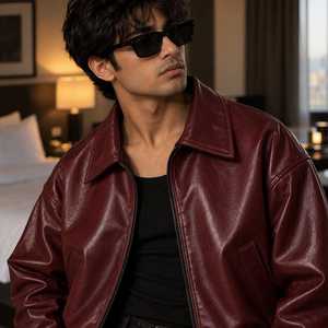 Blouson Bomber en Cuir PU pour Homme, Style Moto Biker, Col Rabattu, Fermeture Éclair, Couleur Unie, Coupe Droite, Longueur Courte, Automne - Product Image 4