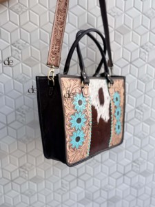Western Pattern Cowhide Fur Tote Bag Stylish Leather Purse Hair on Hide Carving Hand Tooled Bags for Women's Multi Use - Product Image 2