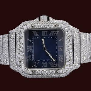 Reloj Hip Hop con Esfera Azul, Caja Cuadrada, Moissanita, Oro Blanco, Diamantes, Fecha Automática y Movimiento de Cuarzo - Product Image 1