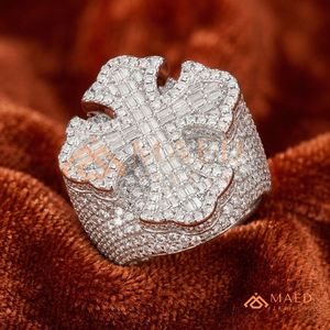 Custom Hip Hop Cross <b>Ring</b> - Premium <b>Silver</b> Polished Band with Baguette Stones 925 Sterling <b>Silver</b> Hip Hop Jewellery for <b>Men</b> - Product Image 1