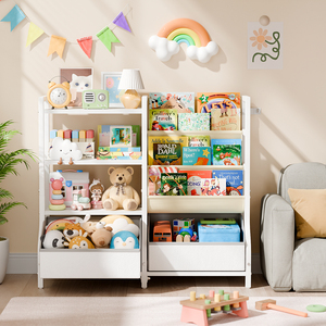 Organisateur de rangement pour livres et jouets pour enfants, étagère à livres à 3 niveaux avec 2 bacs en tissu, étagère Montessori pour salle de jeux, chambre à coucher - Product Image 2