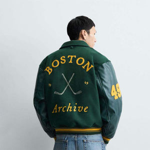 แจ็คเก็ตวาร์ซิตี้ปักลายตามสั่ง แขนหนัง PU สไตล์วินเทจ สำหรับผู้ชายและผู้หญิง รับผลิตจำนวนมากแบบ OEM - Product Image 4