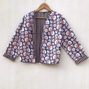 Veste matelassée en coton imprimé bloc à la main avec décoration en cristal tenue quotidienne et tenue de fête pour petite amie taille XL longueur courte - Product Image 1