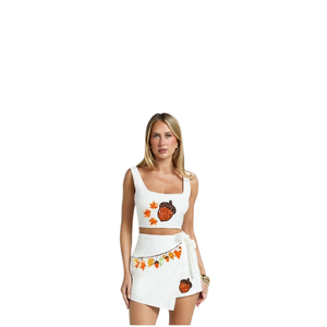 Women 2 Piece Set White Crop Top With Sequined Embroidery And Matching <b>Skirt</b> Autumn Casual Outfit Square Collar Sleeveless Dress - Product Image 1