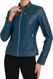 Women's Genuine Leather Motorcycle Jacket Brown Stand Collar <b>Zipper</b> Closure Full Sleeve Biker Style Autumn Wear - Product Image 2