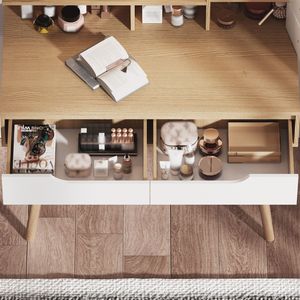 Specchio illuminato regolabile trucco vanità 4 cassetti 3 scaffali aperti tavolo in legno massello piedi piccolo spazio camera da letto toletta - Product Image 5