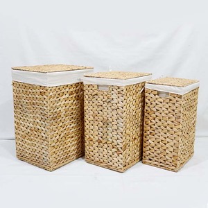 Hot Sales Handwoven Eco-Friendly Water Hyacinth <b>Rectangular</b> Trunk Set 3 Pcs Nesting <b>Storage</b> <b>Baskets</b> Fabric Liner - Product Image 6