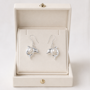 Natural Pearl Brass Sterling <b>Silver</b> Dolphin Pearl <b>Dangle</b> <b>Earrings</b> Handmade Ocean Inspired Marine Animal Jewelry Gift for Women - Product Image 2