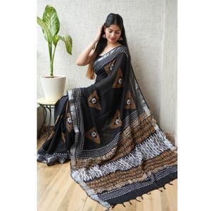 Sarees de lino estampado con blusa de lino, ideales para el verano, con tela transpirable y un elegante estampado, en grandes cantidades. - Product Image 6