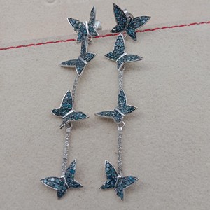 Boucles d'oreilles pendantes papillon en argent sterling 925 de luxe avec diamant bleu naturel rond, bijoux fins faits à la main, cadeau pour femme 1,62 ct - Product Image 6