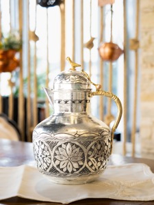 Oriental Style Metal Water <b>Jug</b> With Floral Engraving And Gold Handle For <b>Drinks</b> - Product Image 4