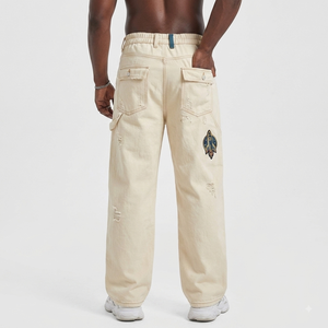 2026 Custom Logo 100% Cotton Medium Wash Casual Oversized Denim <b>Jeans</b> for <b>Men</b> Straight Leg with <b>Ripped</b> & Graphic Design - Product Image 2
