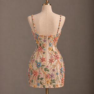 Floral Embroidery Appliques Spaghetti Strap Beaded Sleeveless Club Dress Square Neck Mini Bodycon <b>Party</b> Dress for Cocktail <b>Prom</b> - Product Image 5