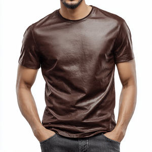 T-shirt pour homme de haute qualité à manches courtes, col rond, style motard en cuir et PU, écologique, anti-UV - Product Image 6