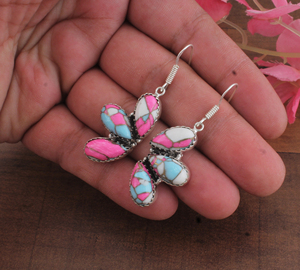 Pendientes de Lujo de Plata de Ley 925 con Turquesa Algodón de Azúcar y Gemas Compuestas Rosa y Azul para Compromiso y Aniversario al por Mayor - Product Image 3