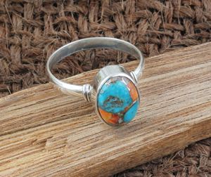 Anillo de Turquesa y Concha de Ostra Espinosa Natural en Plata de Ley 925, Estilo Boho Clásico para Mujer, Anillo de Boda, Joyería Fina Hecha a Mano - Product Image 4