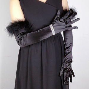 Robe de mariée longue élégante rétro vintage en satin noir avec dentelle et plumes, 55 cm, en satin élastique Spandex, 4 couleurs, avec gants - Product Image 2