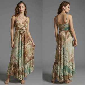 Robe longue décontractée pour femme, style bohème, imprimé floral, en mélange de coton tissé, col en V, bretelles spaghetti, coupe régulière, taille élastique, ample - Product Image 2