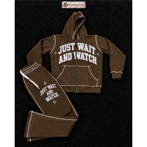 Ensemble de survêtement marron pour homme, sweat à capuche imprimé entièrement zippé et pantalon de survêtement évasé, ensemble deux pièces streetwear assorti, tenue de sport personnalisée en gros - Product Image 5