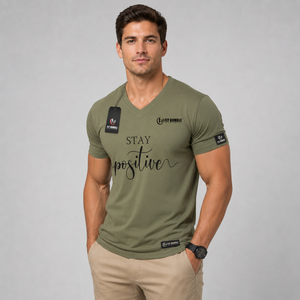 Camiseta de Cuello en V para Hombre Fly Humble, Color Verde Oliva, Manga Corta, Corte Ajustado, Transpirable, de Algodón, Informal, con Estampado 'Stay Positive', OEM - Product Image 5