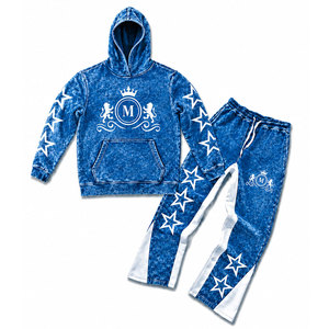 Teal Acid Wash Hooded Tracksuit Set With White Stars And 350 gsm Full Length Drawstring Pants 100% Cotton Streetwear - Product Image 6