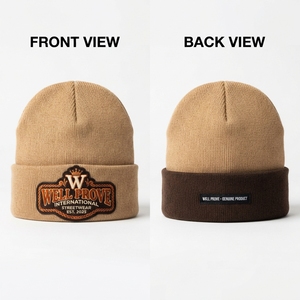 Custom Logo Digital Rubber Patch Beanie High Quality 120 GSM Fine Rib Knit Beige Winter Skull Cap Cuffed Casual <b>Warm</b> <b>Hat</b> - Product Image 3