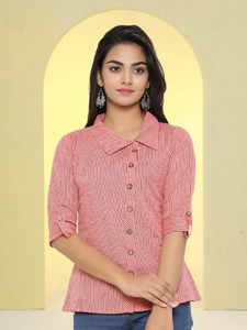 Camisa de Algodón con Estampado Tipo Slub Color Durazno para Mujer, con Botones en la Parte Delantera y Mangas Tres Cuartos, Diseño Informal Internacional - Product Image 2