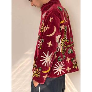 Handmade Vintage Embroidered Floral Thin High Quality Bomber <b>Jacket</b> Red <b>Velvet</b> Unisex Winter Style Heated Eco-Friendly Mandarin - Product Image 4