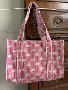 Vintage Hand Block Print <b>Quilted</b> Zipper Women's Shoulder Tote Bag Eco-Friendly Floral Cotton Lightweight Spring Summer <b>Winter</b> - Product Image 1