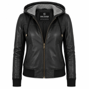 Rebella Black Hooded <b>Biker</b> Motorcycle Leather Bomber <b>Jacket</b> Genuine Cow Leather Zipper Closure Spread Collar Solid Color - Product Image 1