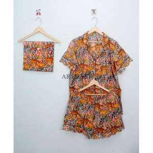 Conjunto de Pijama Corto de Algodón 100% para Mujer, Estampado Floral Estilo Indio, Ropa de Dormir Informal con Encaje, para Primavera, Verano y Navidad - Product Image 5