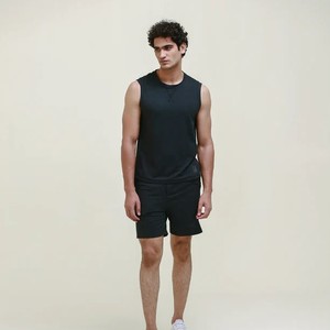 <b>Men's</b> O-Neck Sleeveless <b>Tank</b> <b>Top</b> Shorts Set Solid <b>Black</b> Breathable Knitted Casual Wear 100% Cotton 3D Pattern 220g - Product Image 4