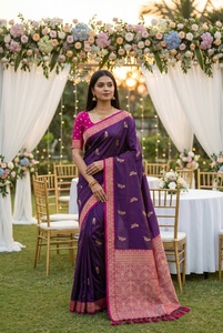 Sari de seda Banarasi morado con borde y trabajo de tejido Zari para bodas y fiestas, atuendo tradicional indio para mujer. - Product Image 3