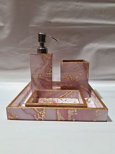 Antique Design Pink Resin Bathroom Set 4-Piece Rectangle Tray With Gold Accents Minimalist Design Easy To Clean - Product Image 3