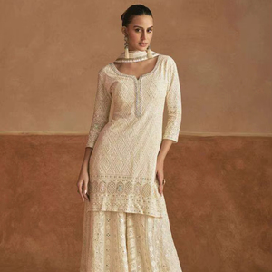 Traje Georgette con bordado completo, pantalón palazzo y dupatta, elegante ropa india femenina - Product Image 1