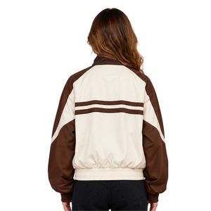 Vintage Badge Striped Silk Satin <b>Jacket</b> <b>Brown</b> Stand Rib Neck Contrast Long Sleeve Center Zip <b>Women</b> <b>Jackets</b> - Product Image 2