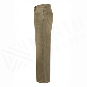 Jean en denim vert olive coupe droite pour homme, coupe régulière, en coton, style décontracté, pantalon taille mi-haute, couleur unie, tissu tissé - Product Image 1