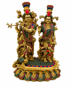 Handcrafted Brass Radha Krishna <b>Statue</b> Color Stone Inlay <b>Religious</b> Home Temple Decor Gift Figurine - Product Image 1